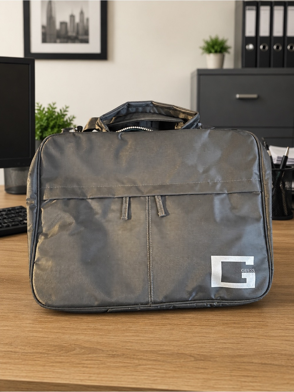 GUESS Men's Gray Laptop Briefcase with Silver Logo